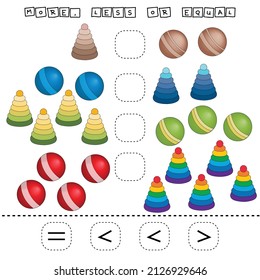 ​​Which is greater, less or equal game with colorful toys. Worksheet for preschool kids, kids activity sheet, printable worksheet
