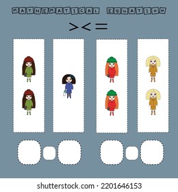 ​​Which is greater, less or equal game with colorful dolls. Worksheet for preschool kids, kids activity sheet, printable worksheet