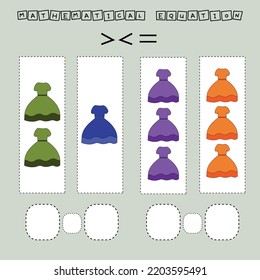 ​​Which is greater, less or equal game with colorful dress. Worksheet for preschool kids, kids activity sheet, printable worksheet