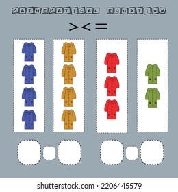 ​​Which is greater, less or equal game with colorful raincoats. Worksheet for preschool kids, kids activity sheet, printable worksheet