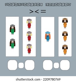 ​​Which is greater, less or equal game with colorful dolls. Worksheet for preschool kids, kids activity sheet, printable worksheet