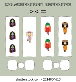 ​​Which is greater, less or equal game with colorful dolls. Worksheet for preschool kids, kids activity sheet, printable worksheet