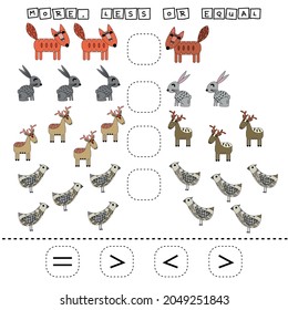 ​​Which is greater, less or equal game with funny deer, foxes, birds, rabbits. Worksheet for preschool kids, kids activity sheet, printable worksheet
