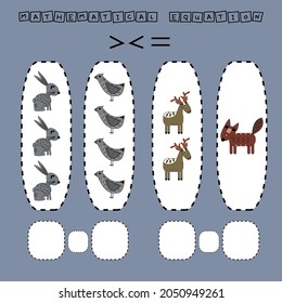 ​​Which is greater, less or equal game with funny deer, foxes, birds, rabbits. Worksheet for preschool kids, kids activity sheet, printable worksheet
