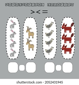 ​​Which is greater, less or equal game with funny deer, foxes, birds, rabbits. Worksheet for preschool kids, kids activity sheet, printable worksheet
