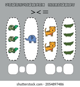 ​​Which is greater, less or equal game with funny turtles, elephants, tigers, crocodiles. Worksheet for preschool kids, kids activity sheet, printable worksheet