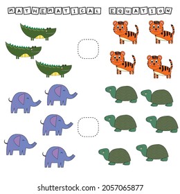 ​​Which is greater, less or equal game with funny turtles, elephants, tigers, crocodiles. Worksheet for preschool kids, kids activity sheet, printable worksheet