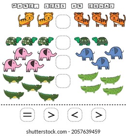 ​​Which is greater, less or equal game with funny turtles, elephants, tigers, crocodiles. Worksheet for preschool kids, kids activity sheet, printable worksheet