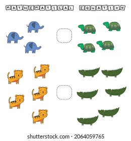 ​​Which is greater, less or equal game with funny turtles, elephants, tigers, crocodiles. Worksheet for preschool kids, kids activity sheet, printable worksheet