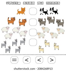 ​​Which is greater, less or equal game with funny pets. Worksheet for preschool kids, kids activity sheet, printable worksheet
