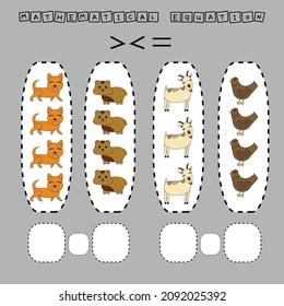 ​​Which is greater, less or equal game with funny pets. Worksheet for preschool kids, kids activity sheet, printable worksheet
