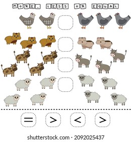 ​​Which is greater, less or equal game with funny chickens, hamsters, cows, sheeps. Worksheet for preschool kids, kids activity sheet, printable worksheet
