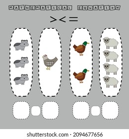 ​​Which is greater, less or equal game with funny pets. Worksheet for preschool kids, kids activity sheet, printable worksheet
