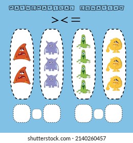 ​​Which is greater, less or equal game with funny monsters. Worksheet for preschool kids, kids activity sheet, printable worksheet