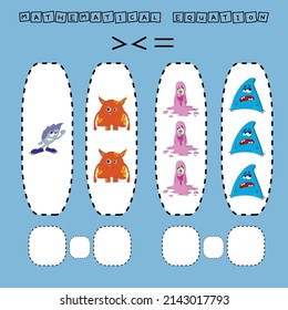 ​​Which is greater, less or equal game with funny monsters. Worksheet for preschool kids, kids activity sheet, printable worksheet