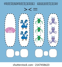 ​​Which is greater, less or equal game with funny monsters. Worksheet for preschool kids, kids activity sheet, printable worksheet