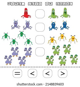 ​​Which is greater, less or equal game with funny monsters. Worksheet for preschool kids, kids activity sheet, printable worksheet