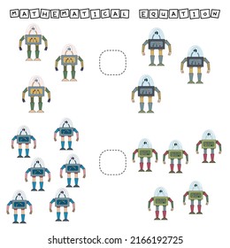 ​​Which is greater, less or equal game with funny  robots. Worksheet for preschool kids, kids activity sheet, printable worksheet