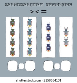 ​​Which is greater, less or equal game with robots . Worksheet for preschool kids, kids activity sheet, printable worksheet