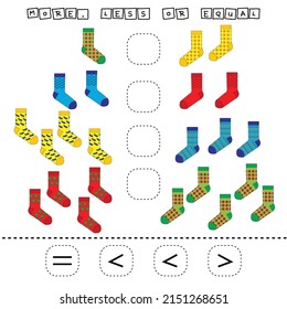 ​​Which is greater, less or equal game with  socks. Worksheet for preschool kids, kids activity sheet, printable worksheet
