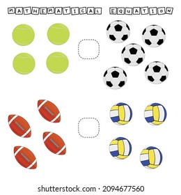 ​​Which is greater, less or equal game with tennis, football, volleyball and rugby balls. Worksheet for preschool kids, kids activity sheet, printable worksheet
