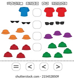​​Which is greater, less or equal game with  t-shirt, sunglasses, panama,hat. Worksheet for preschool kids, kids activity sheet, printable worksheet

