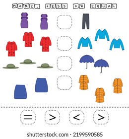 ​​Which is greater, less or equal game withcolorful clothes. Worksheet for preschool kids, kids activity sheet, printable worksheet