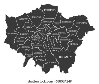 Greater London administrative area England UK black map with white labels illustration