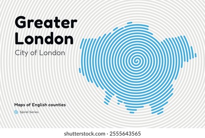 Greater London Map in Spiral Formation:  City of London Takes Center Stage. Fingerprint and stripes pattern. Maps of English counties 
