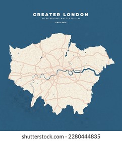 Greater London map vector poster flyer with illustrations of roads, lakes and rivers