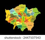 Greater London map vector silhouette illustration isolated on black background. London map of main town in United Kingdom, England country. London map shape shadow, UK.