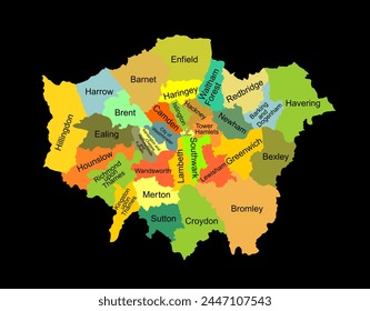 Greater London map vector silhouette illustration isolated on black background. London map of main town in United Kingdom, England country. London map shape shadow, UK.