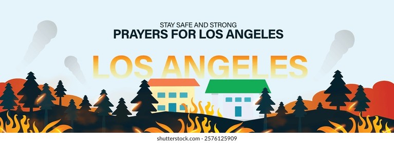 Greater Los Angeles wildfires on 2024. California Fire. Pray for the people of Los Angeles. The city is battling devastating wildfires. Standing with the people. Cover banner showcasing the wildfires 