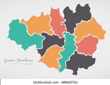 Greater Manchester England Map with states and modern round shapes