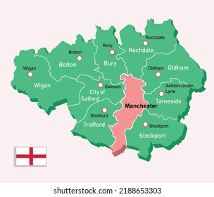 Greater Manchester map in England. Vector illustration