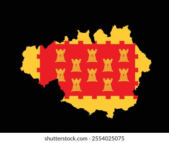 Greater Manchester map vector silhouette illustration isolated on black background. Manchester map flag of town in United Kingdom and in England country. Greater Manchester flag over map shape shadow.