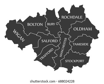 Greater Manchester Metropolitan County England UK Black Map With White Labels Illustration