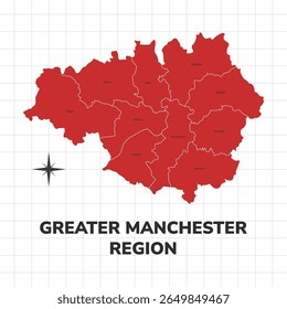 Greater Manchester Region map illustration. Map of the Region in England