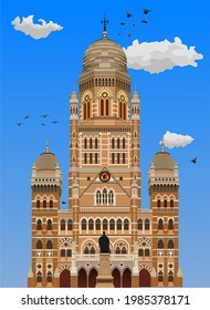 Greater Mumbai Municipal head office front view at Fort, Mumbai, India. Vector Design with clouds and birds