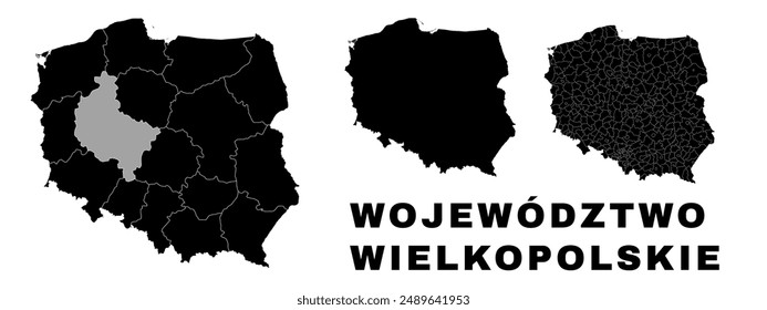 Greater Poland map, Polish voivodeship. Poland administrative division, provinces, boroughs, and municipalities.