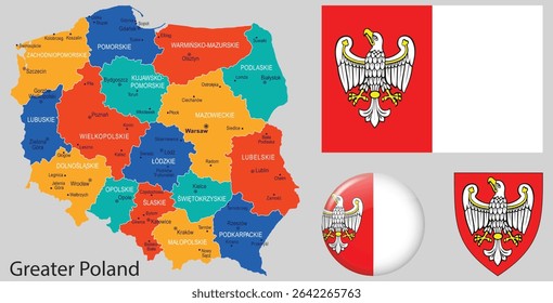 Greater Poland (Wielkopolskie) Region – Flag, Coat of Arms, and Map Vector Set – Poland Regional Symbols Collection