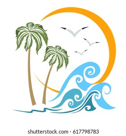 Greater sea waves on a background of palm trees