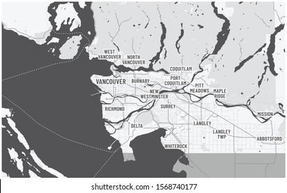 Greater Vancouver map and municipalities. Canada, British Columbia. Written city names of metro Vancouver. Roads, highways US border visible. Dark color theme with text. 