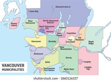 Greater Vancouver municipalities map. Administrative map of metro Vancouver with all cities and regions planning and delivering regional Gouvernement services. Simple tourist guide or political info.