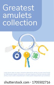 Greatest amulets collection poster flat vector template. Superstitions brochure, booklet one page concept design with cartoon characters. Good luck charms and magical trinkets shop flyer, leaflet