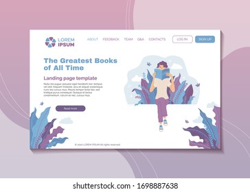 The greatest books of all time landing page template. Top rated literature books web banner. Young smiling woman reading book outdoor vector illustration. Literary club review, bookstore blogging.