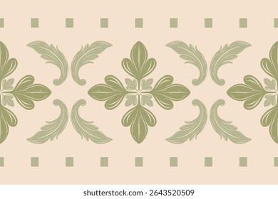 Grootste natuur geïnspireerd middeleeuwse Celadon Green Color Scroll ornament geometrische op beige achtergrond. Barokke Bloemen en Bladeren Botanie Stijl voor Alle Decoratie Matras Behang Batik Sjaal Borduurwerk