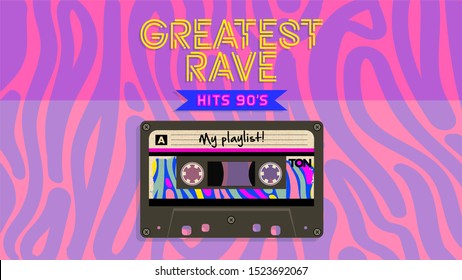 Greatest rave music mix. Retro style aesthetic party invitation card. Fashion background. 90's, eighties graphic. Rave music party. Vintage poster, banner. Aesthetic graphic  design. Audio Cassette.