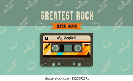 Greatest Rock Music Hits. Retro Style Aesthetic Party Invitation Card. Fashion Background. 90's, Eighties Graphic. Rave Music Party. Vintage Poster, Banner. Aesthetic Graphic  Design. Audio Cassette.