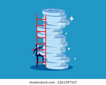 greatest success in investing. Businessman climbs up a pile of coins with a ladder 